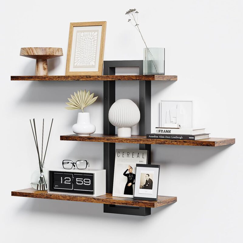 Rustic Wood & Metal Floating Shelves - Wall Mounted Storage for Kitchen/Bathroom