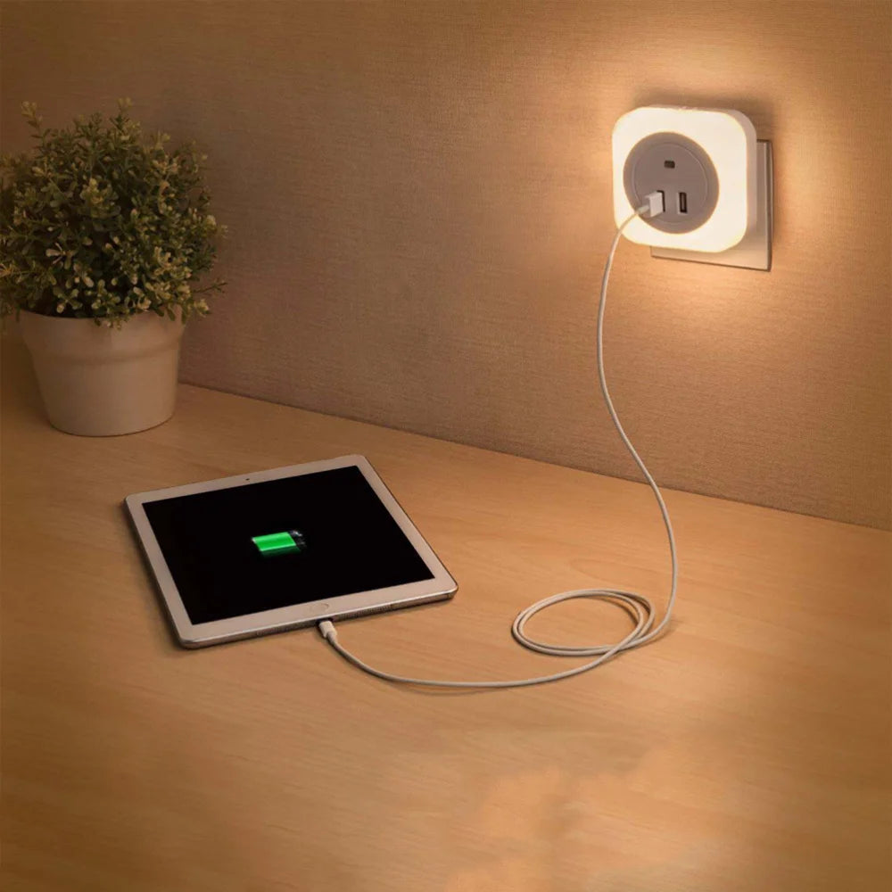1 Pc LED Lamp Light Control Night Light with Double USB Bedside Charger Night Light with US Plug (White)