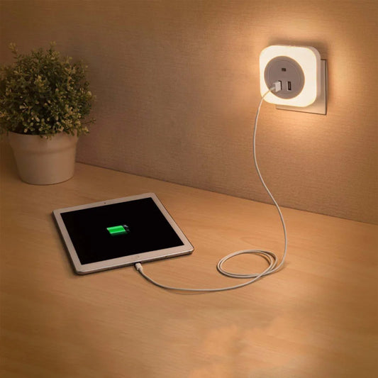 1 Pc LED Lamp Light Control Night Light with Double USB Bedside Charger Night Light with US Plug (White)