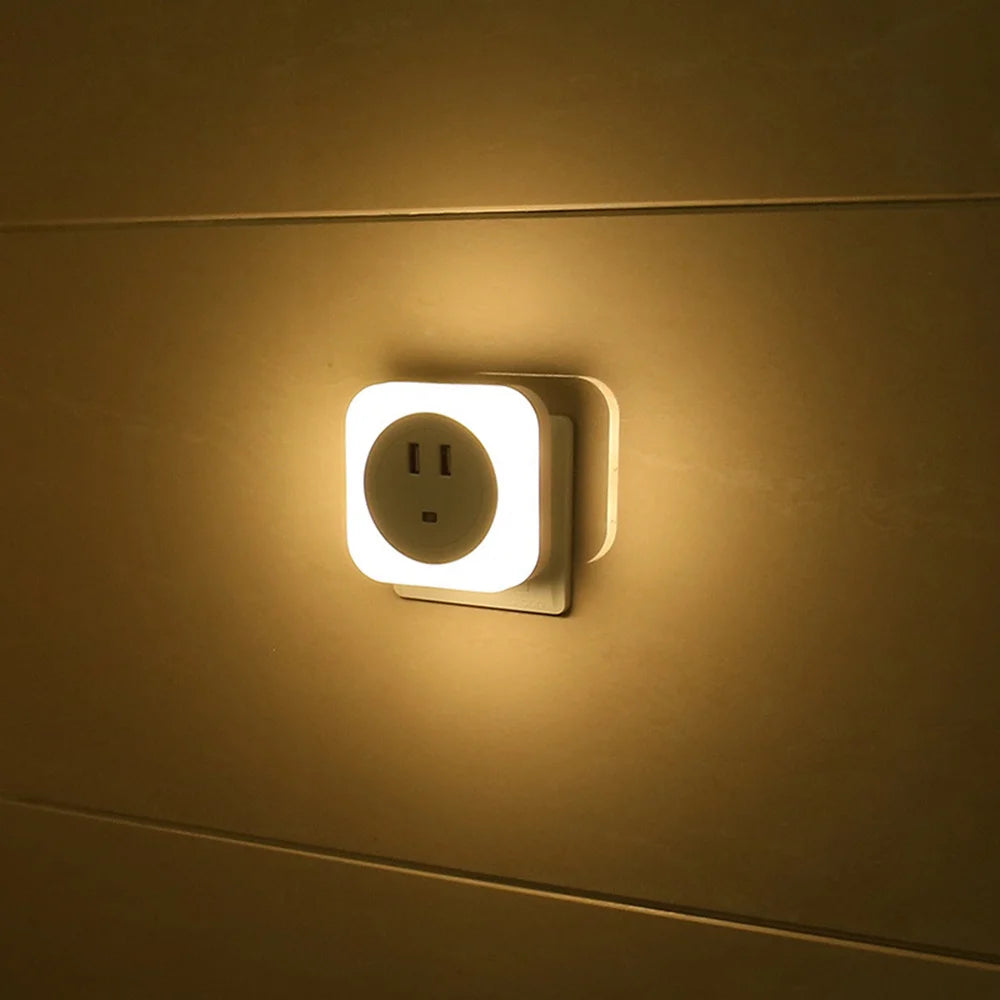 1 Pc LED Lamp Light Control Night Light with Double USB Bedside Charger Night Light with US Plug (White)