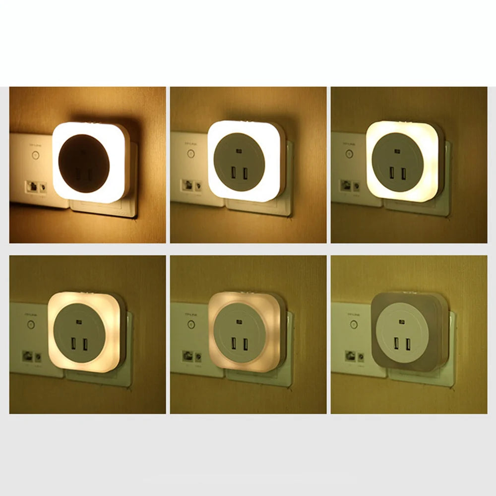 1 Pc LED Lamp Light Control Night Light with Double USB Bedside Charger Night Light with US Plug (White)